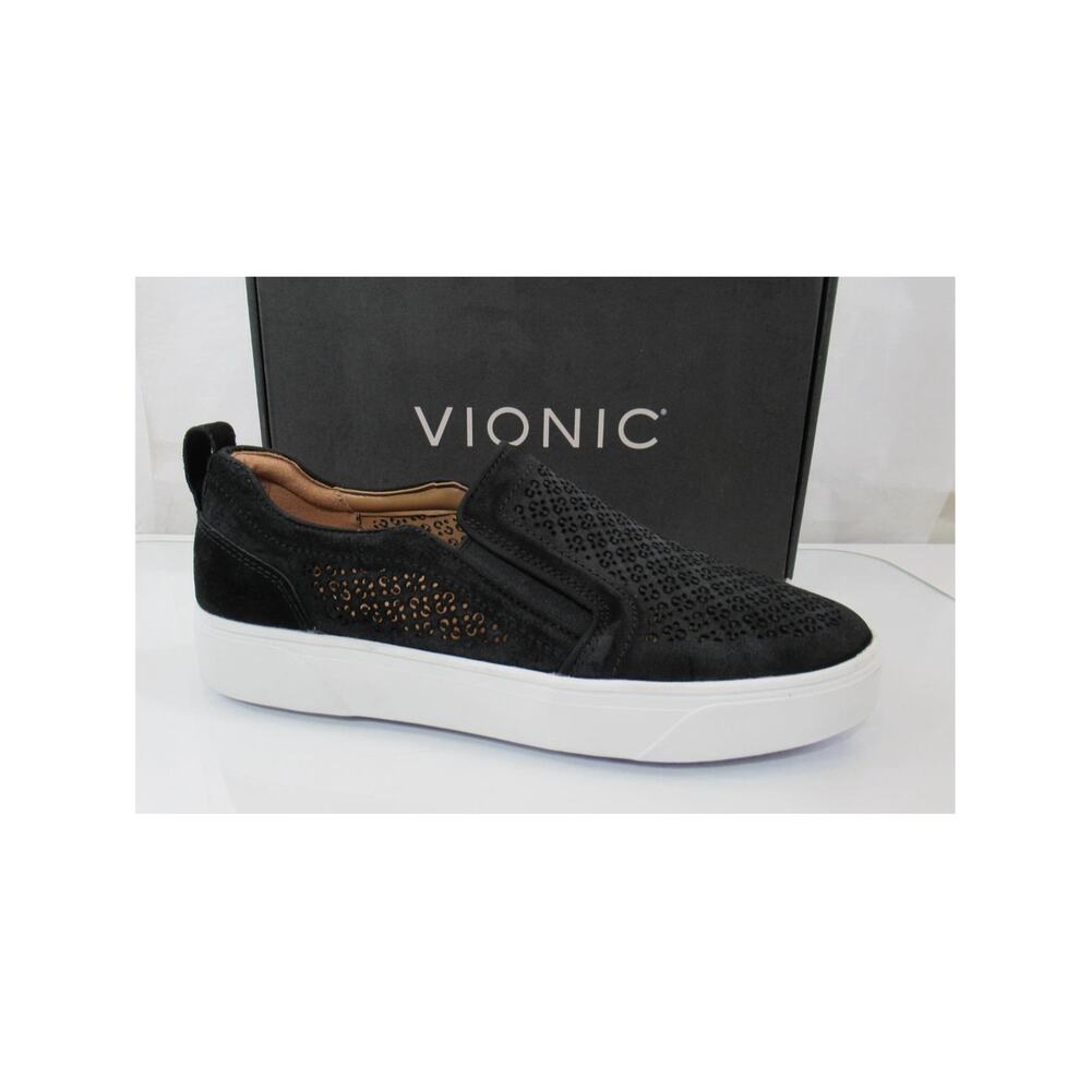 Vionic Kimmie Perforated Slip On Supportive Sneaker Black Suede Size 8.5